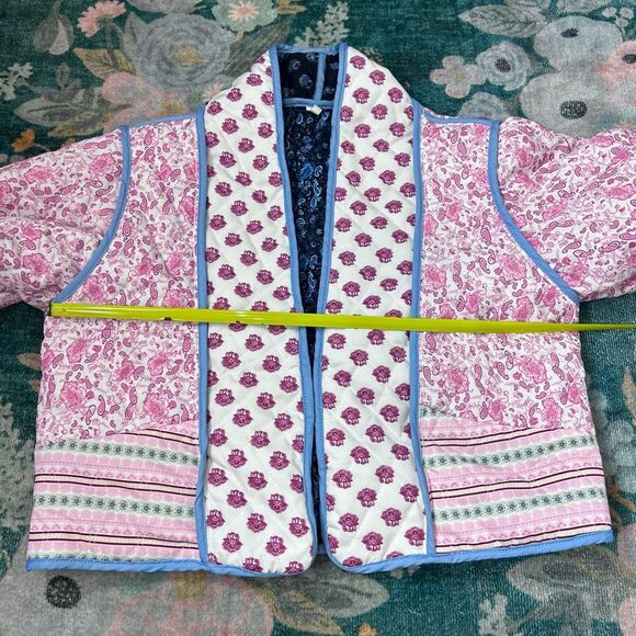 Puffer Jacket Womens Small Blue Pink Floral Paisley Quilted Reversible Cropped - Picture 9 of 13